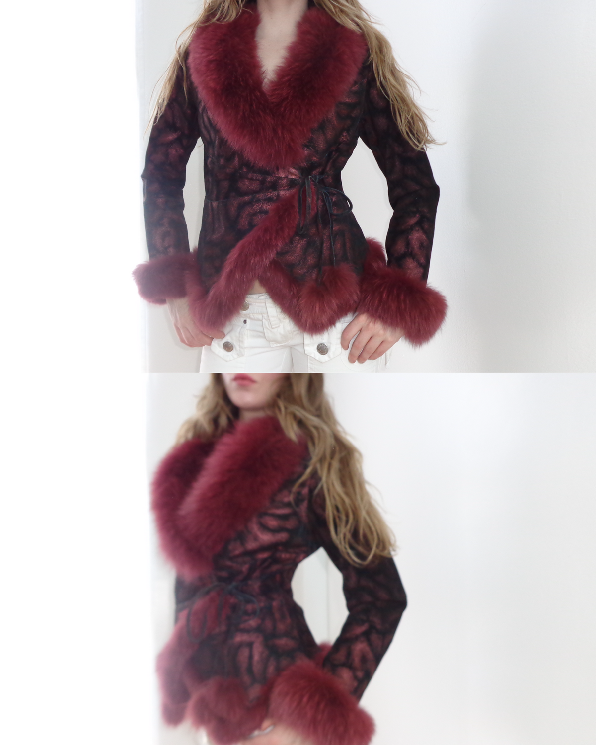 Burgundy Suede Fox Fur Trim Wrap Coat