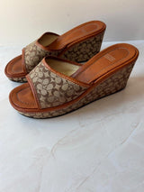 Coach US 7 Tan Brown Monogram Canvas Wedge Slide Sandal