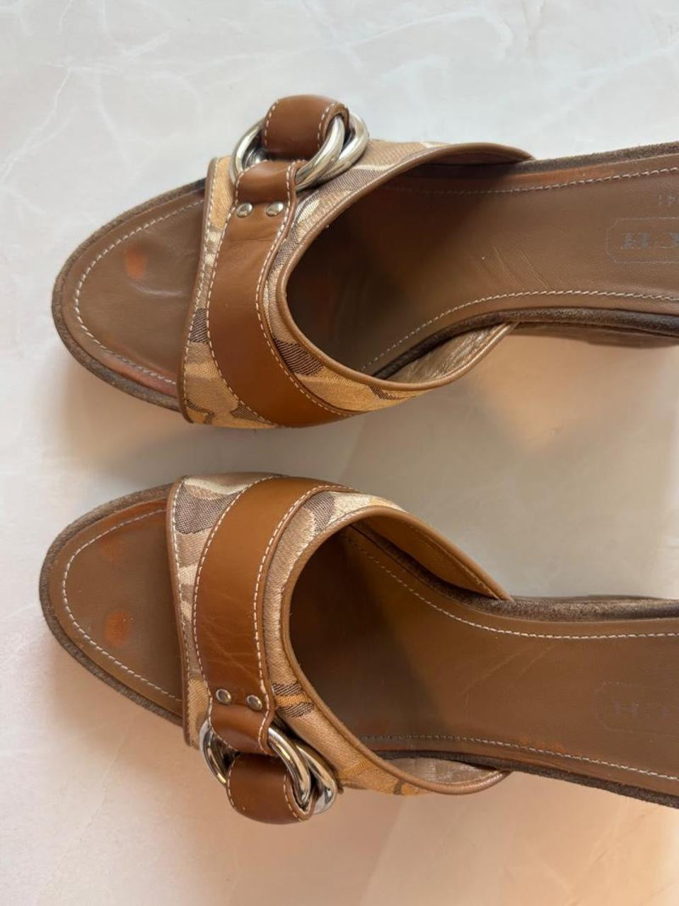 Coach US 7 Tan Monogram Canvas Wedge Mule