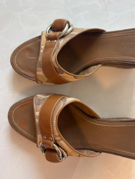 Coach US 7 Tan Monogram Canvas Wedge Mule