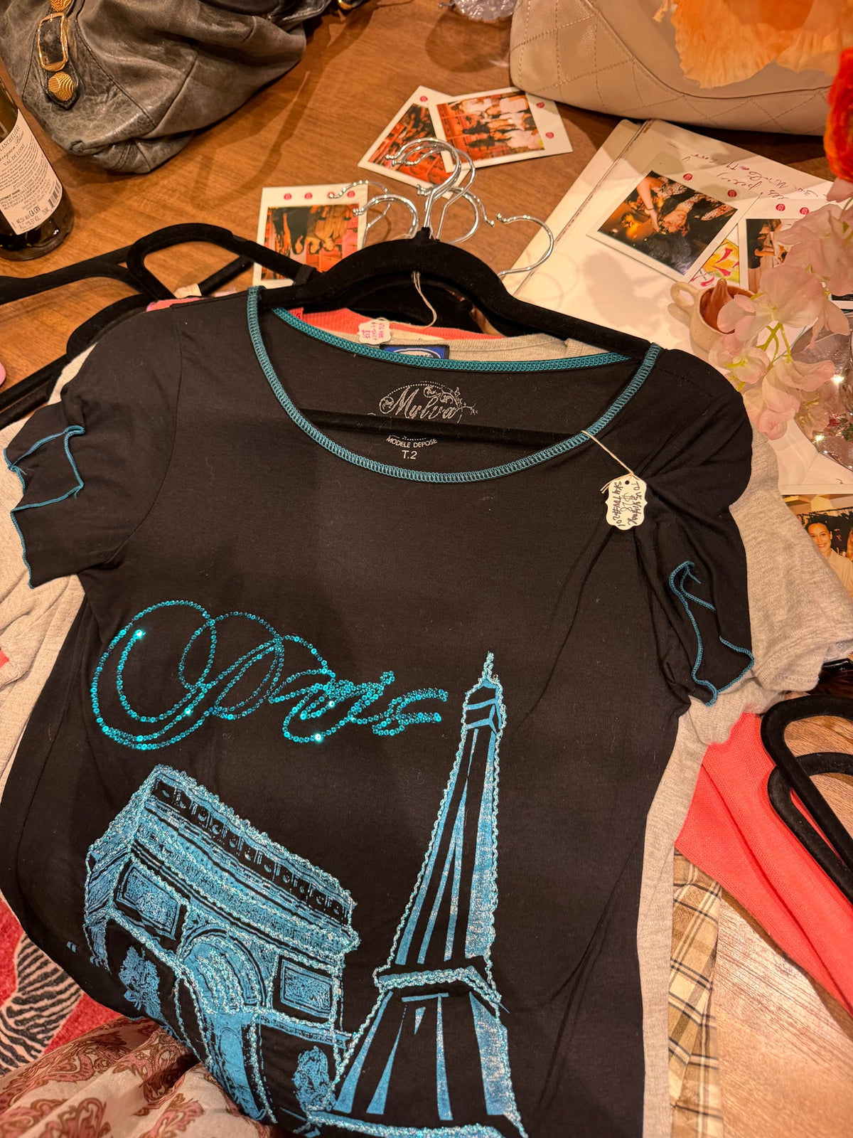 Black Paris Graphic Tee with Blue Lettering