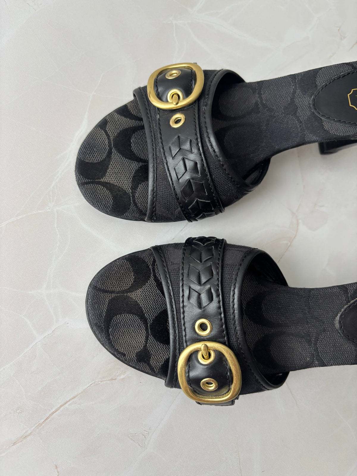 Coach US 6 Black Monogram Canvas Open-toe Block Heel Mule
