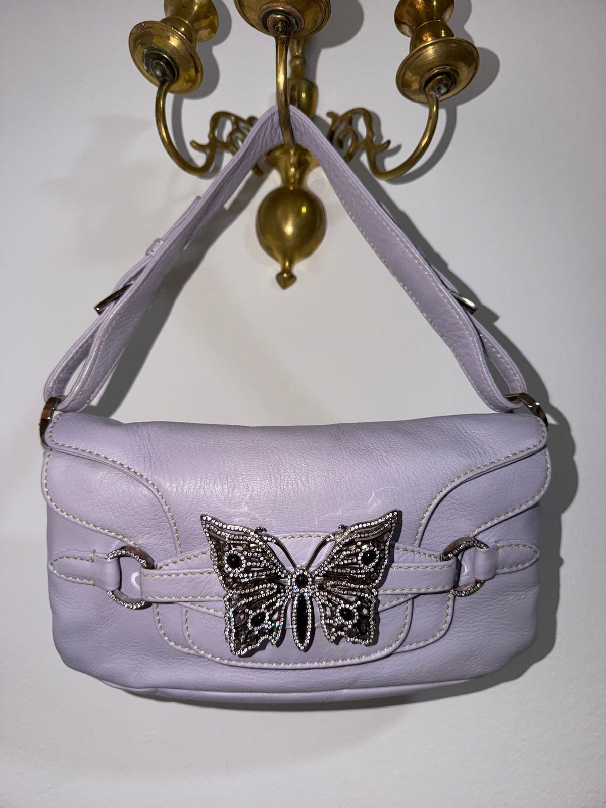 Authentic Vintage Valentino Garavani Spring/Summer 2004 Rhinestone Butterfly Lambskin Leather Shoulder Bag – Pastel Lilac