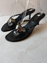 Coach US 9.5 Black Leather Thong Sandal Kitten Heel