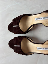 Manolo Blahnik EU 38 Chocolate Brown Suede Pleated Peep Toe Slingback