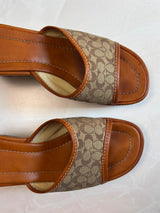 Coach US 7 Tan Brown Monogram Canvas Wedge Slide Sandal