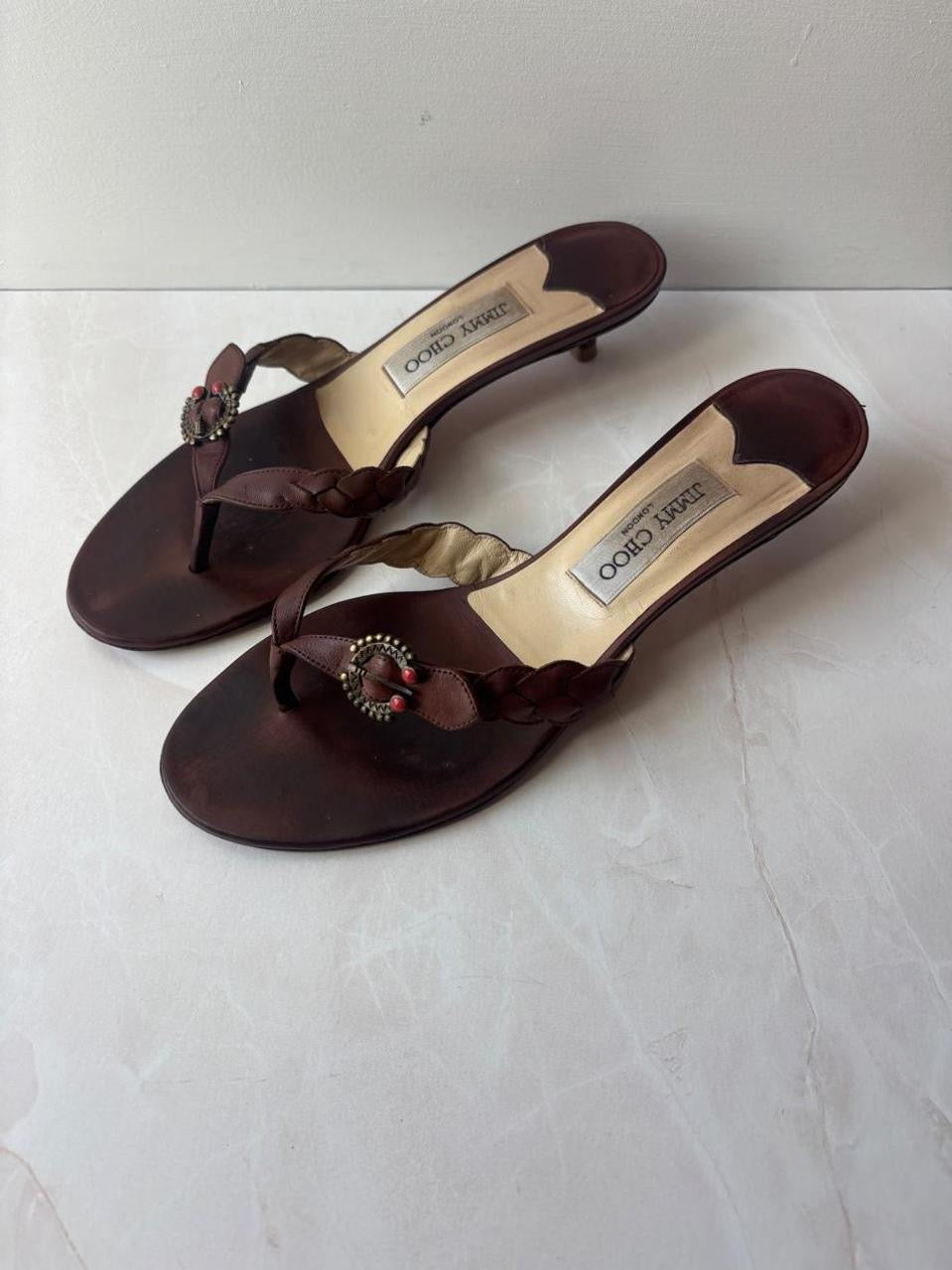 Jimmy Choo EU 39.5 Brown Leather Braided Thong Kitten Heel Sandal