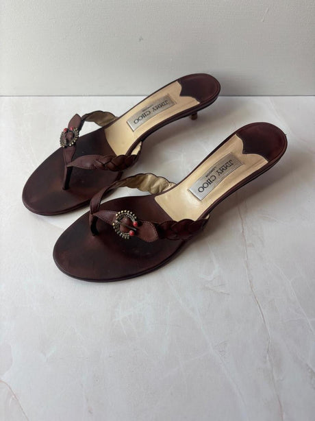 Jimmy Choo EU 39.5 Brown Leather Braided Thong Kitten Heel Sandal