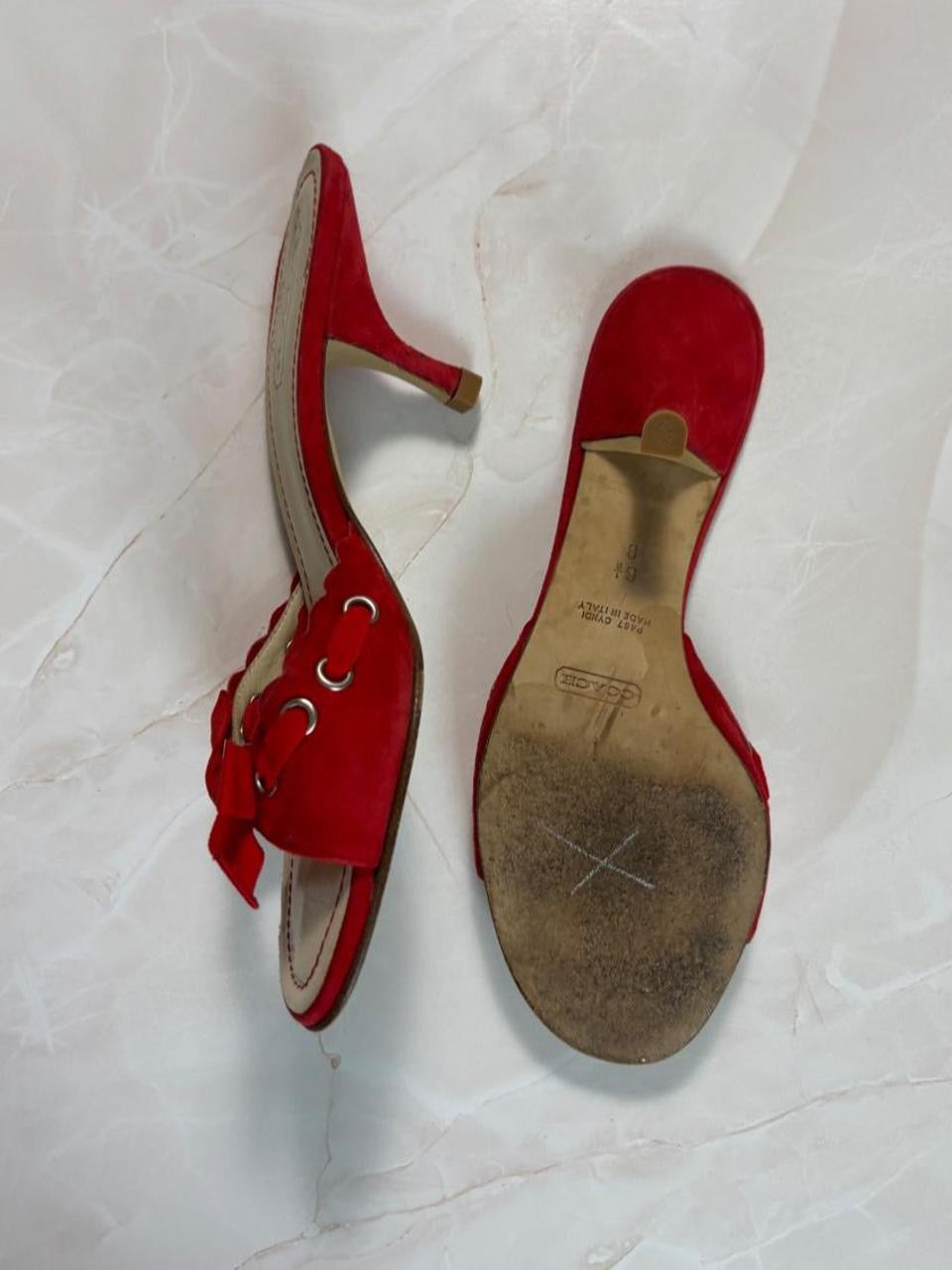 Coach US 6.5 Cherry Red Suede Bow Open Toe Kitten Heel Mule
