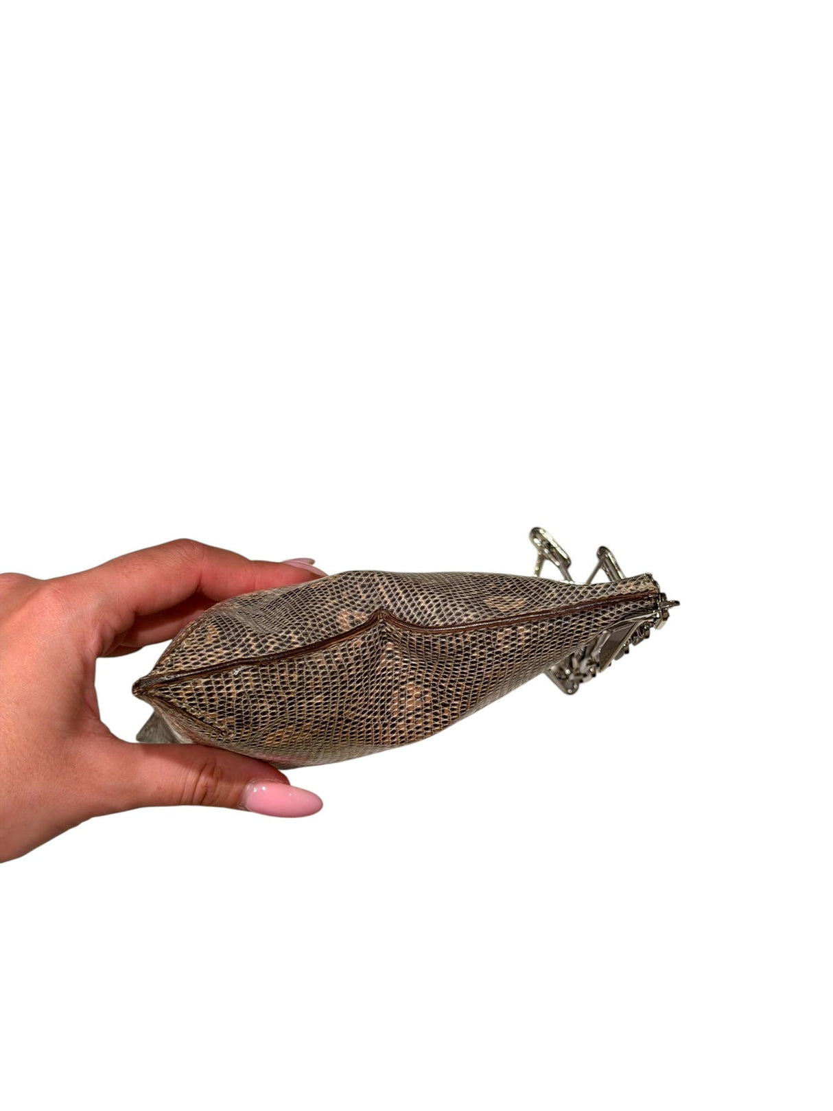 Gucci tan lizard skin clutch with silver chain strap