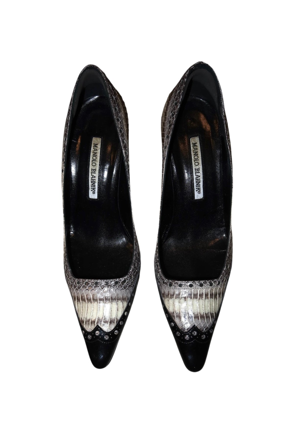 Manolo Blahnik black and snakeskin brogue style pump heels (38.5)