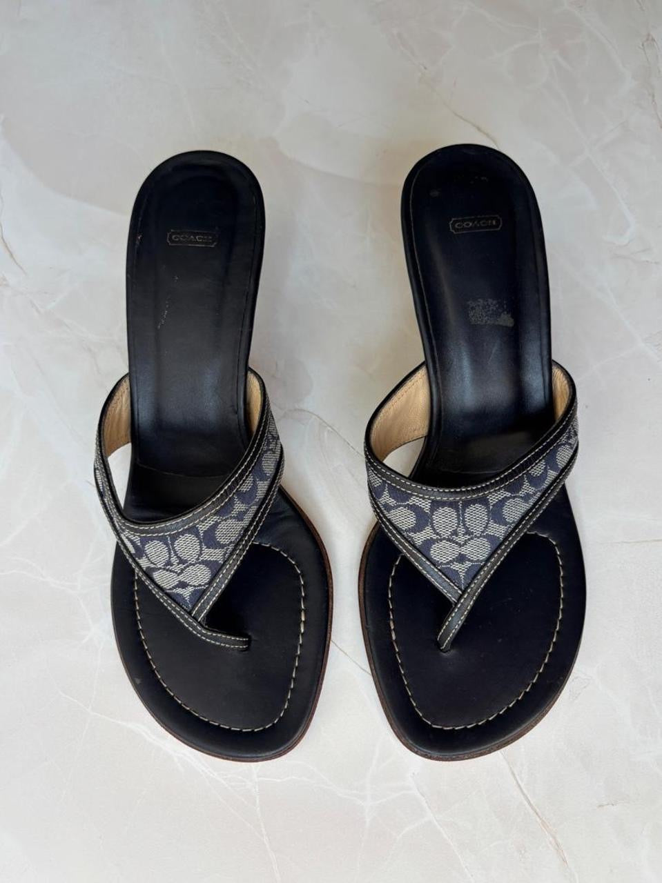 Coach US 9.5 Navy Monogram Canvas Thong Sandal