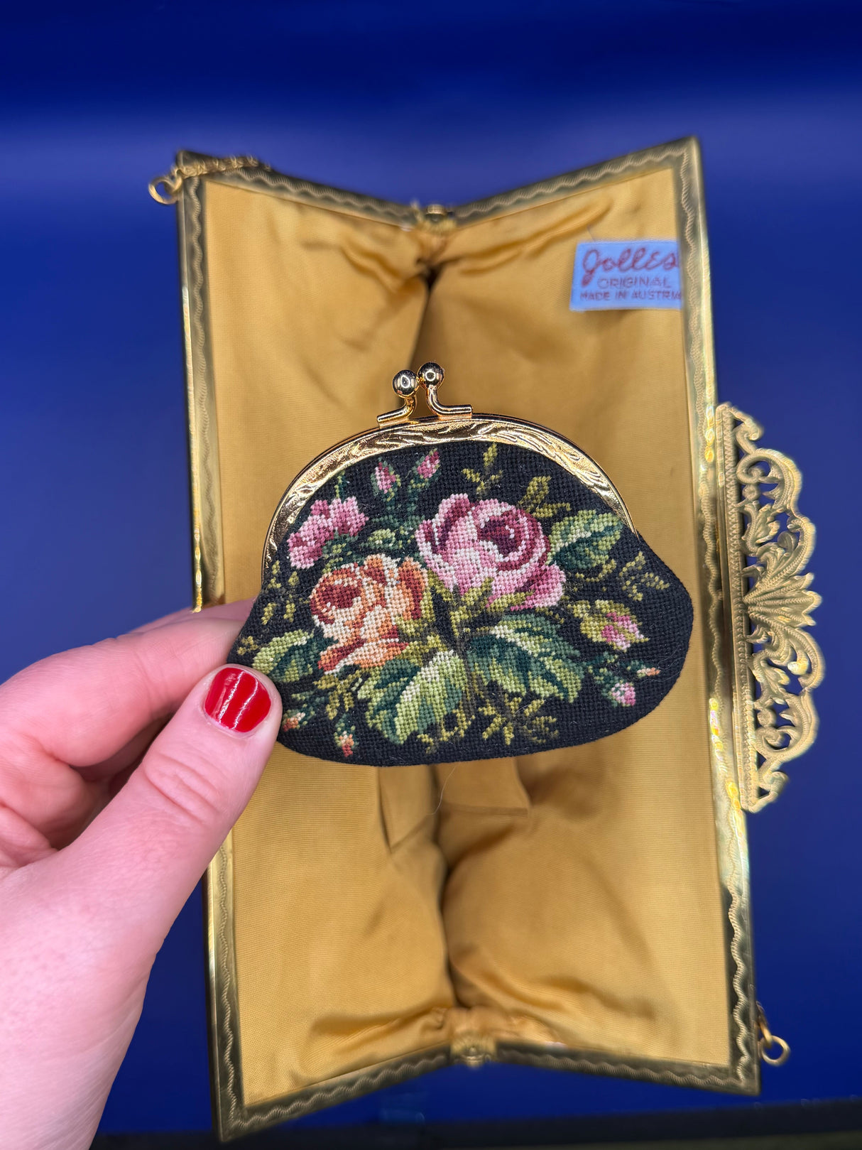 Jolles Original Austrian Petit Point Evening Bag w/matching mini floral coin purse