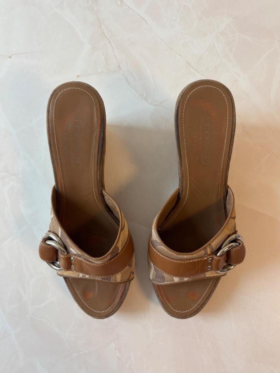 Coach US 7 Tan Monogram Canvas Wedge Mule