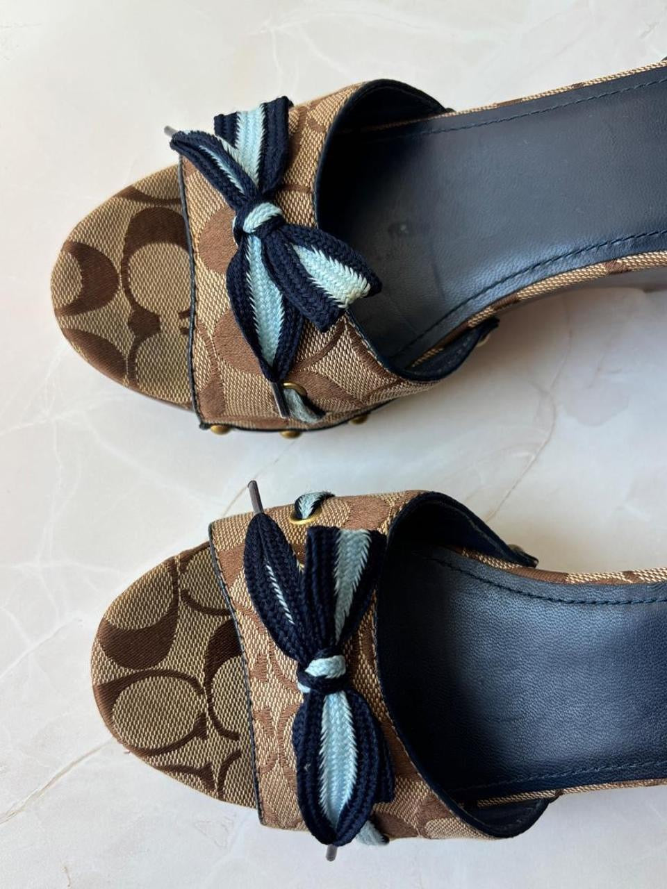 Coach US 9 Tan/brown Monogram C Canvas Open Toe Wooden Wedge