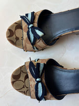 Coach US 9 Tan/brown Monogram C Canvas Open Toe Wooden Wedge