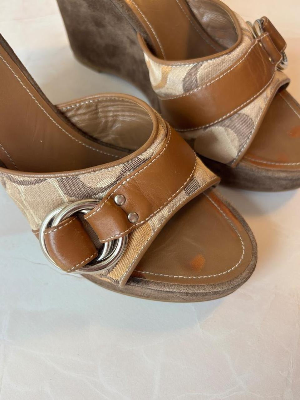Coach US 7 Tan Monogram Canvas Wedge Mule