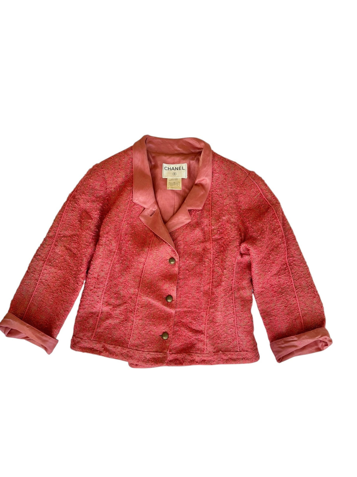 Chanel 1999 pink tweed jacket with iridescent satin neck (40)