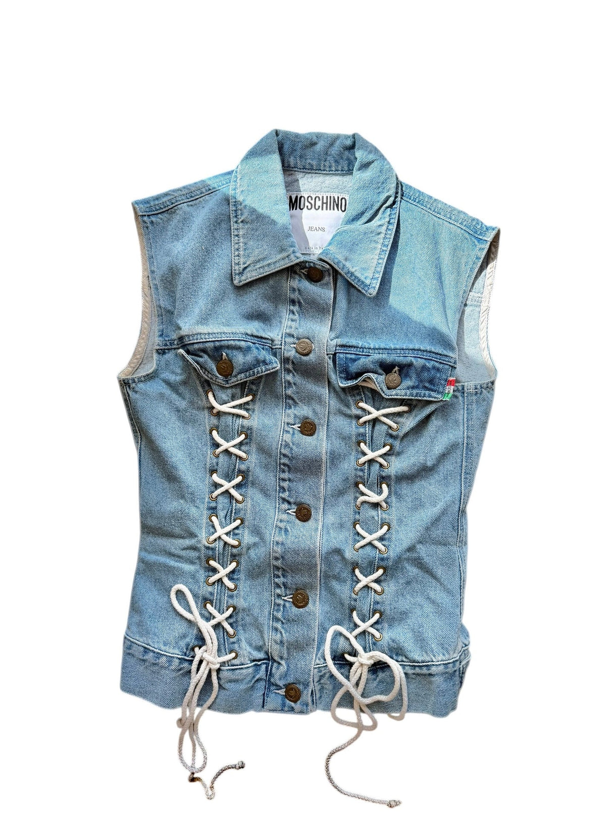 Moschino denim vest with white lace up details