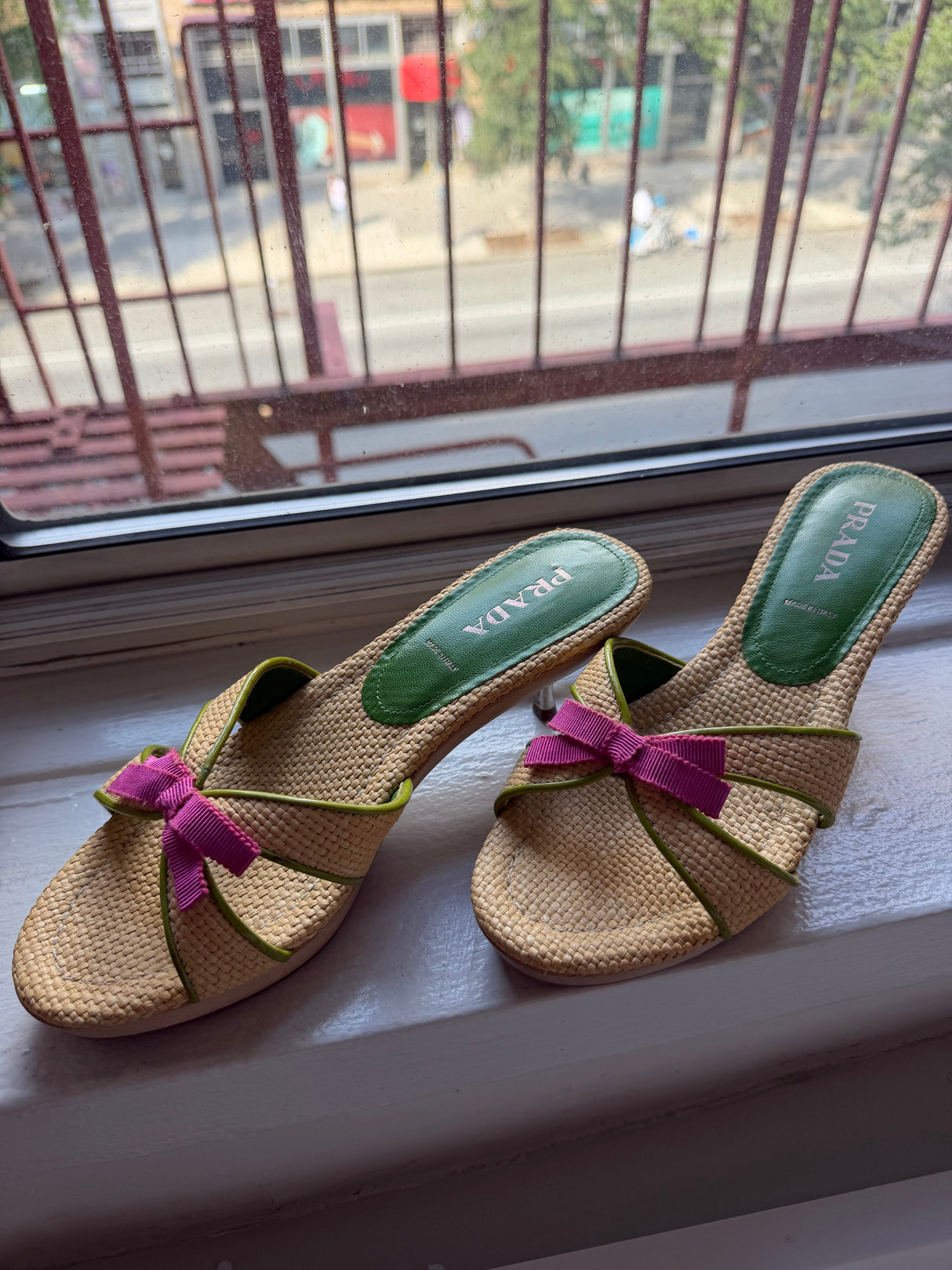 Raffia Prada pink bow heels TUV #256