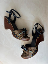 Coach US 9 Tan/brown Monogram C Canvas Open Toe Wooden Wedge