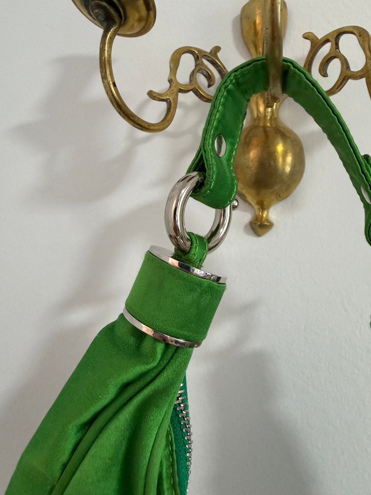 Rare Archival Chloé “Bracelet Bag” in Green Satin with hand stitched crystal beaded details