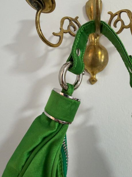 Rare Archival Chloé “Bracelet Bag” in Green Satin with hand stitched crystal beaded details