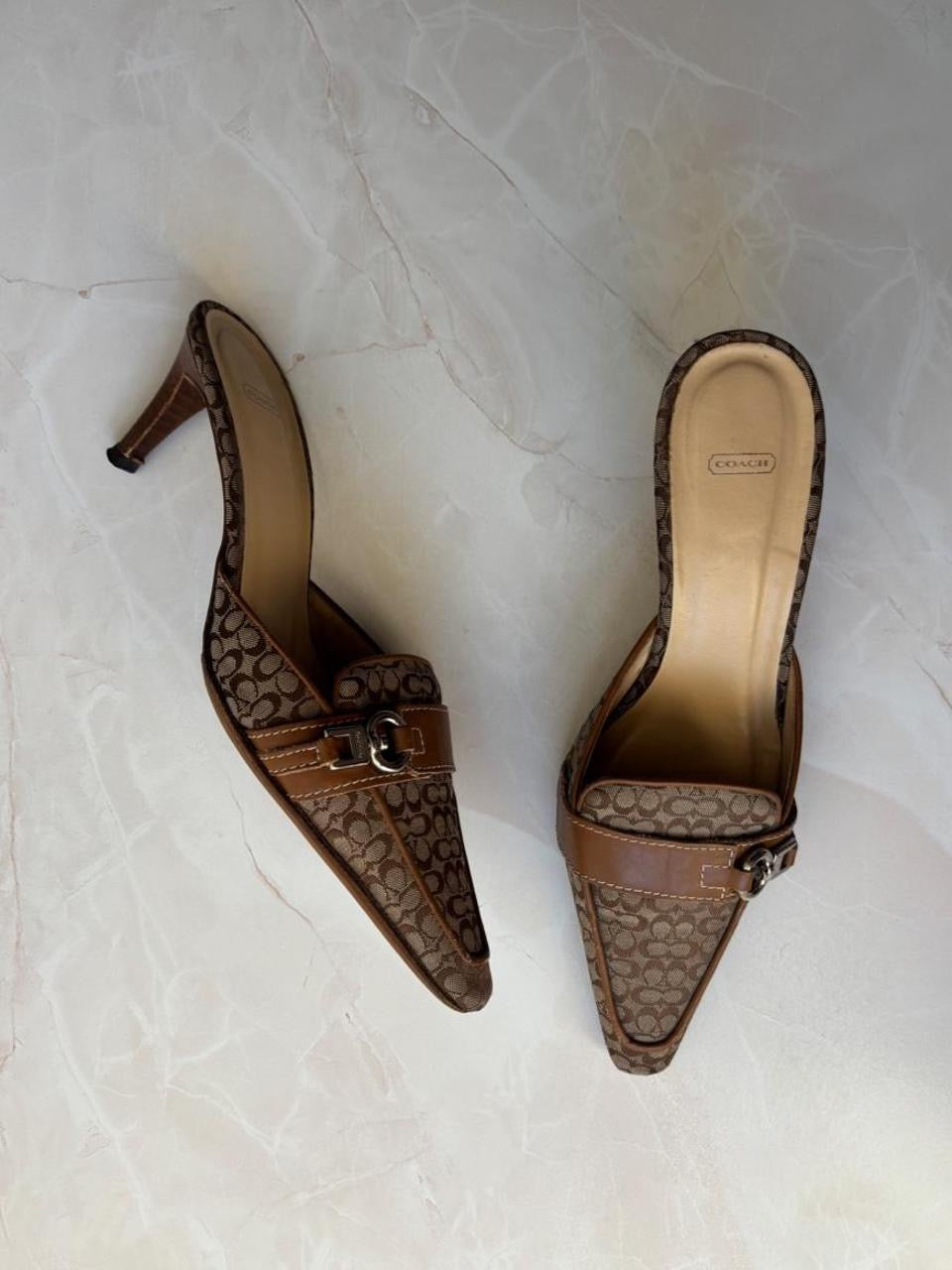 Coach US 7 Tan and Brown Monogram Canvas Pointed Mule