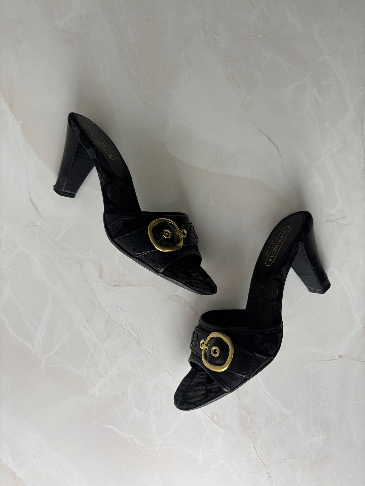 Coach US 6 Black Monogram Canvas Open-toe Block Heel Mule