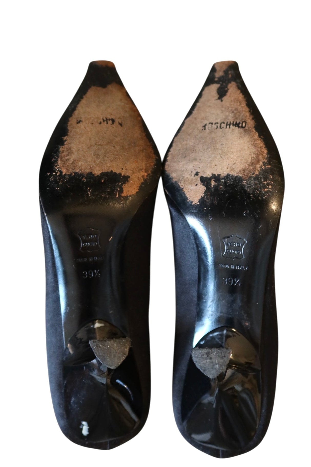 Moschino black satin heels with glitter hearts (39.5)