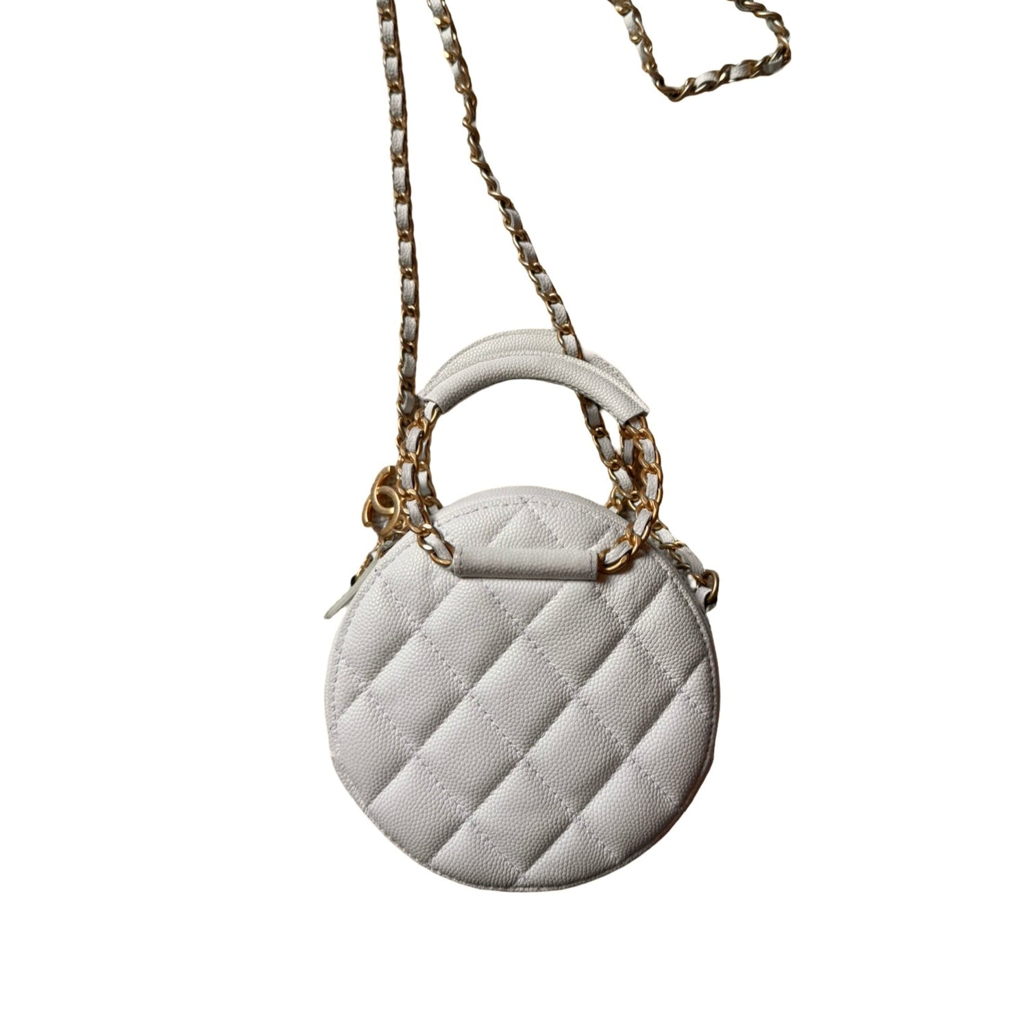 Chanel authentic white caviar leather round handbag two way 'in the loop' bridal 