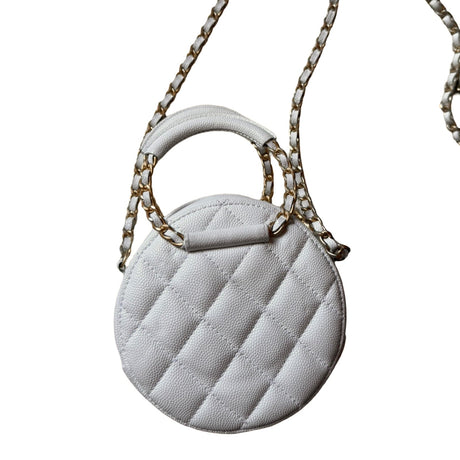 Chanel authentic matelasse caviar leather white round mini handbag 