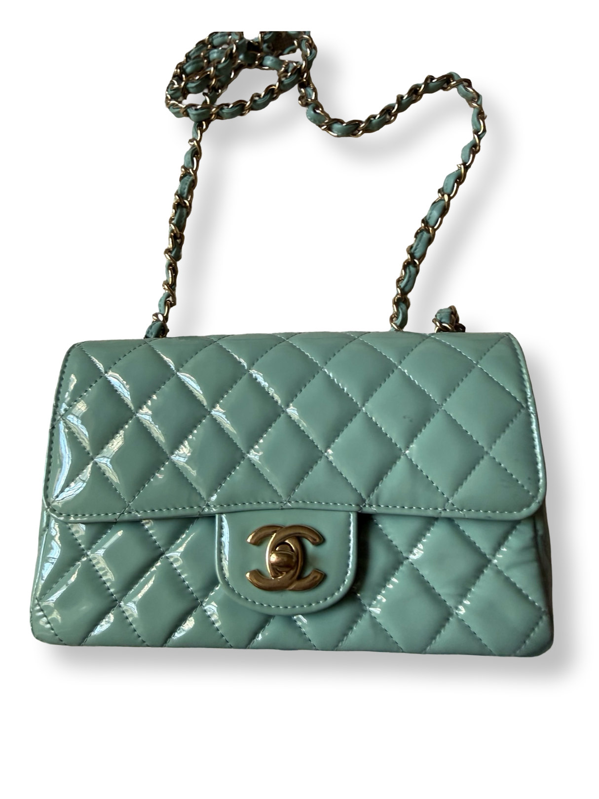Chanel Mini Rectangle Classic Flap Patent Leather Aqua Turquoise color  authentic cruise 2020 collection y2k color mint 