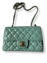 Chanel Mini Rectangle Classic Flap Patent Leather Aqua Turquoise color  authentic cruise 2020 collection y2k color mint 
