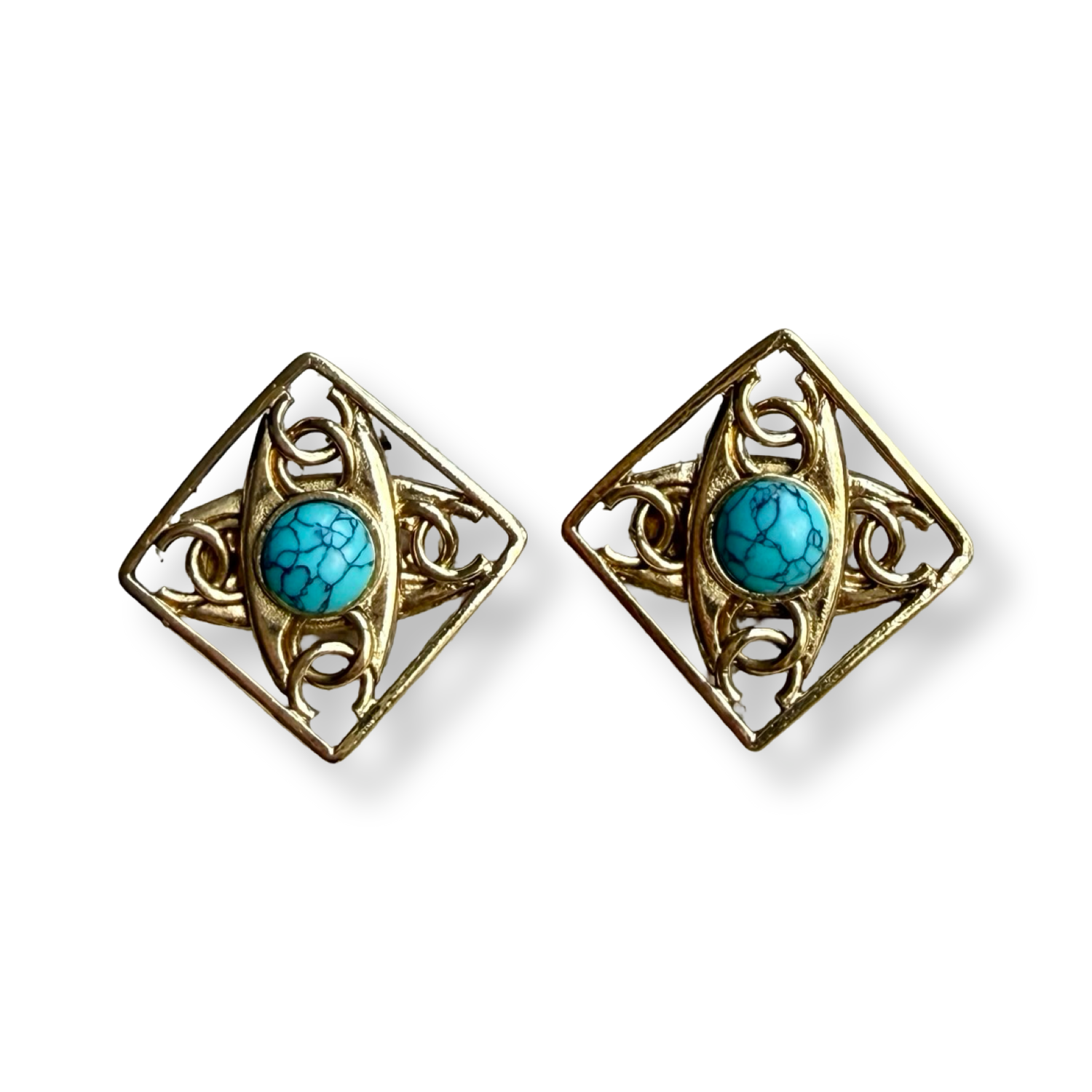 Authentic Chanel Vintage 1986 CC Earrings Faux Turquoise stone center collectible rare 