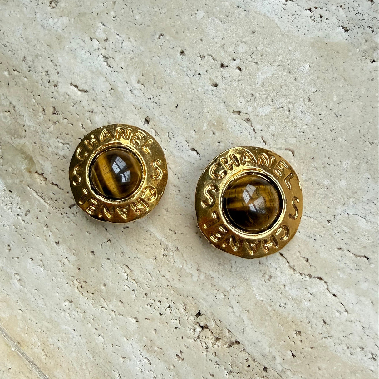 Chanel Vintage Faux Tiger Eye stone earrings authentic 1990s 