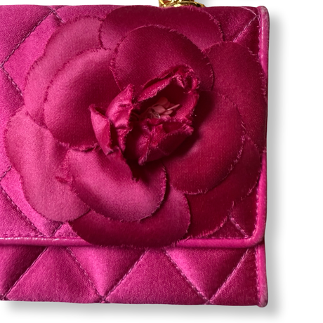 Chanel Vintage Satin Camellia Flower Mini Flap  Fuchsia Authentic