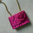 Chanel authentic vintage satin matelasse mini flap with 3d camellia flower in hot pink