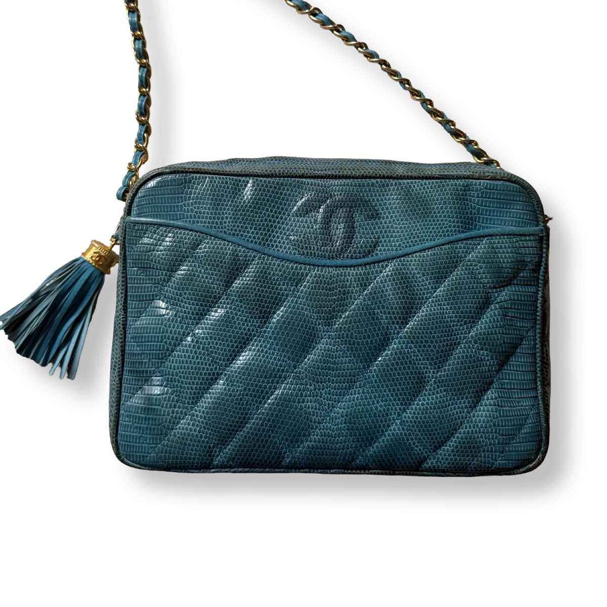 Chanel vintage 1980s authentic aquamarine blue lizard skin camera bag with tassel