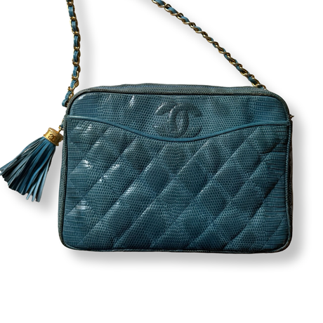 Chanel vintage 1980s authentic aquamarine blue lizard skin camera bag with tassel