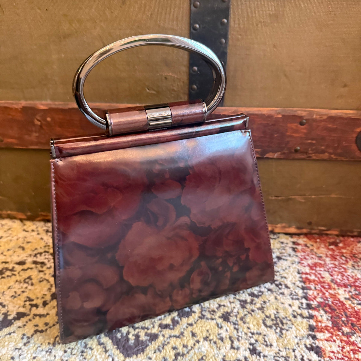 Christian Dior Vintage 90s Babe tope handle Floral Bag rare authentic printed brown leather metal handle