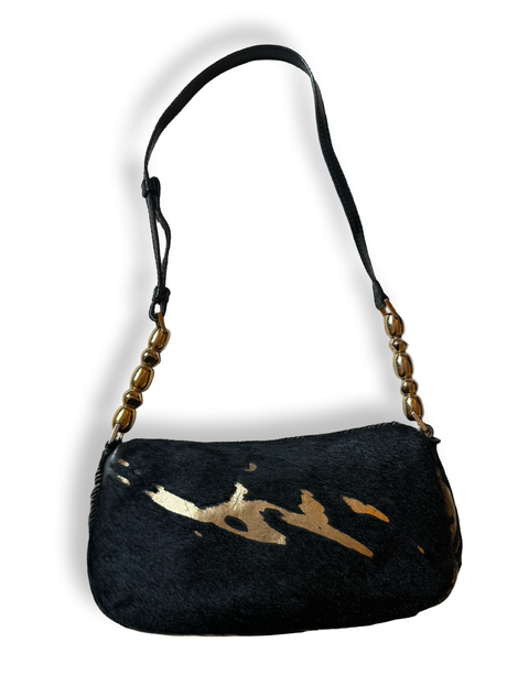 Authentic Christian Dior vintage mini Malice bag John Galliano Era y2k 2000 black ponyhair animal pattern with metallic gold foil 