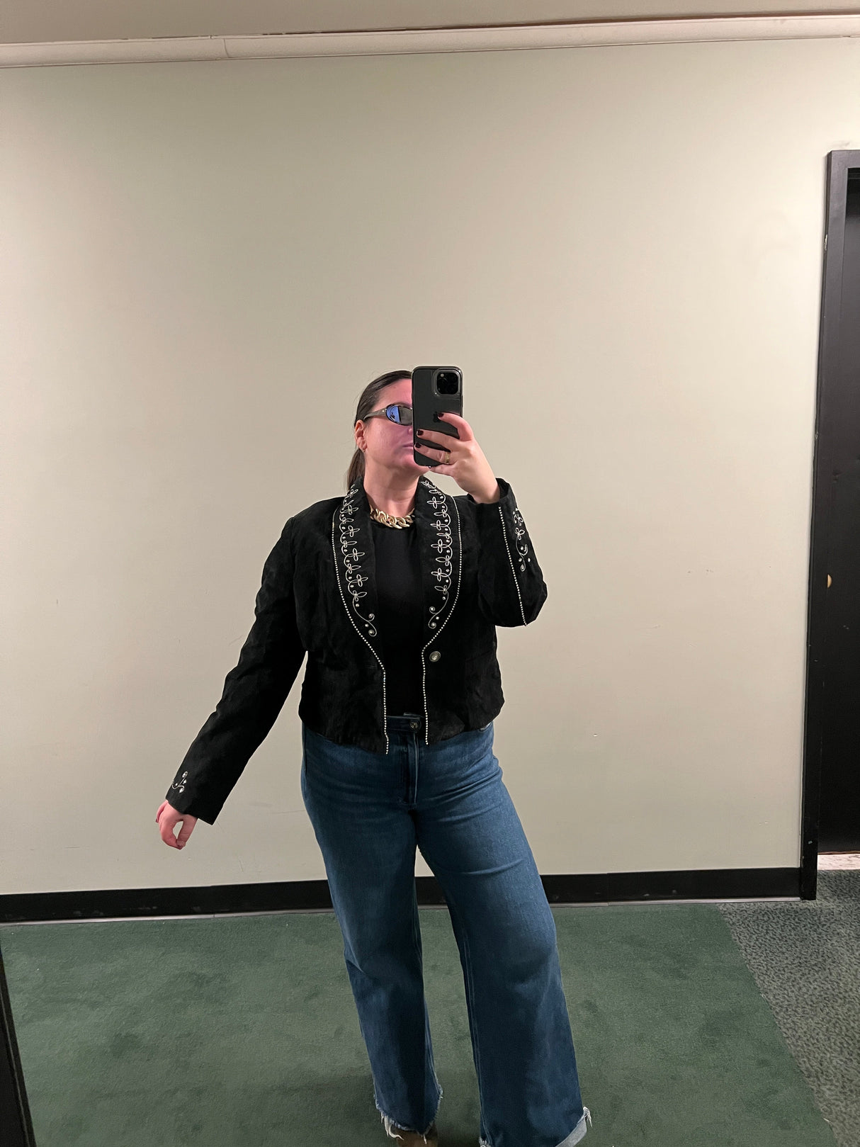 Black Genuine Suede Cropped Rhinestone Bolero size Large