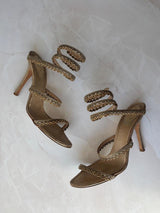René Caovilla EU 39.5 Gold Satin Beaded Coil Ankle Wrap Stiletto Sandal