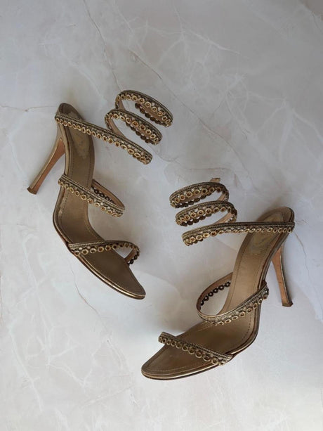 René Caovilla EU 39.5 Gold Satin Beaded Coil Ankle Wrap Stiletto Sandal