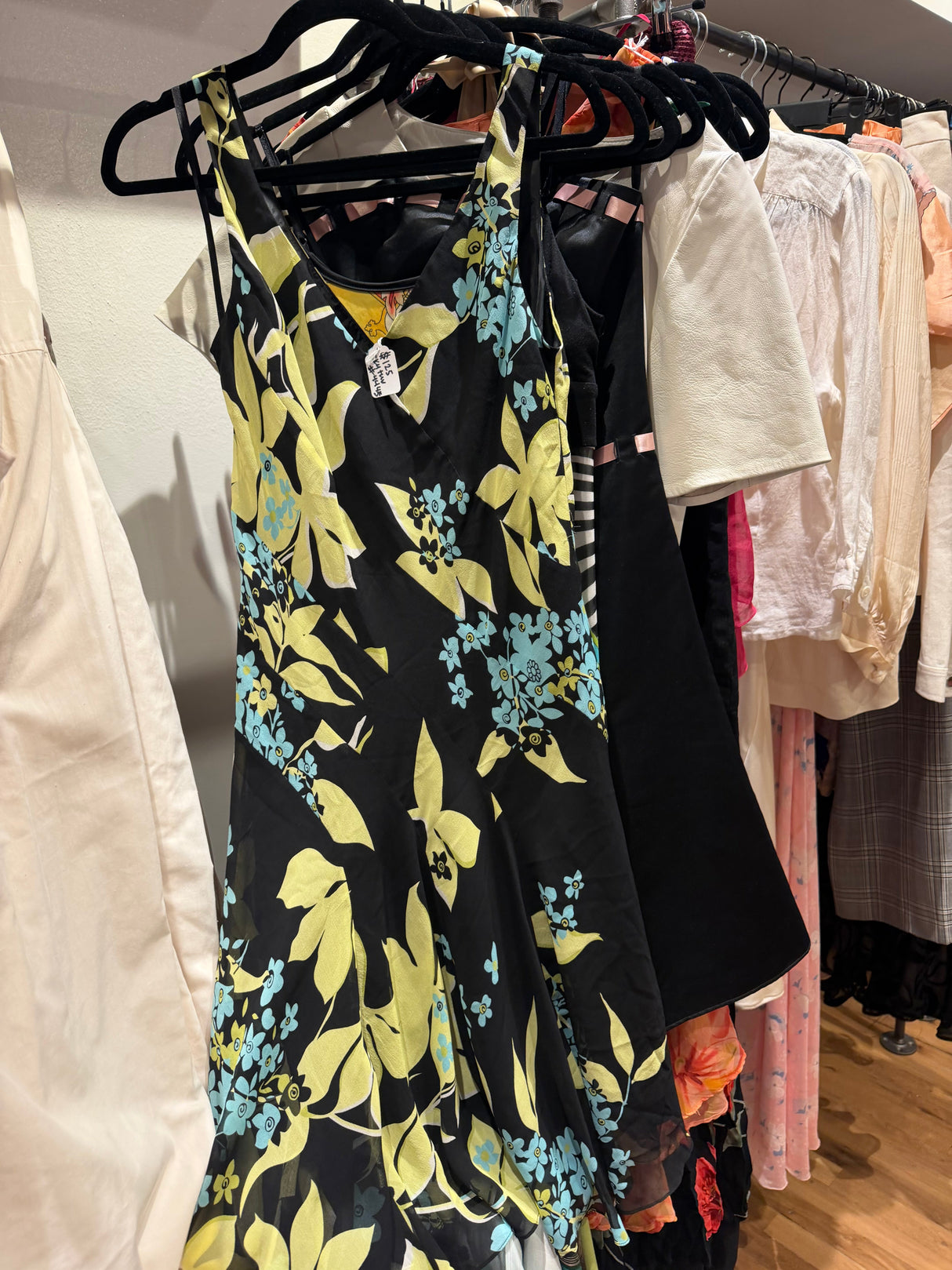Black silk dress with green and blue flowers - cold water creek - sku tuv #4445
