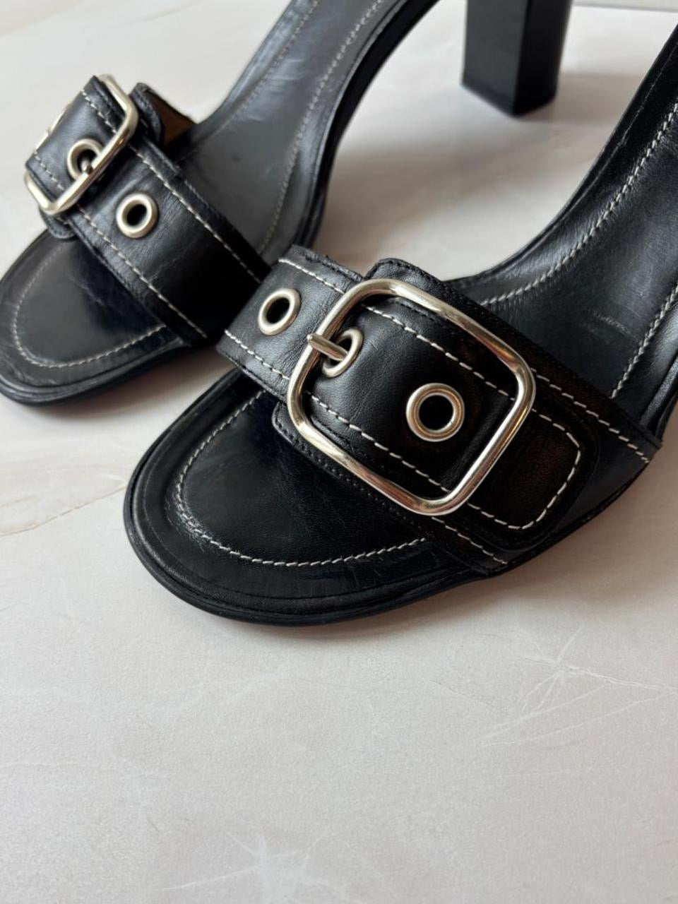Coach US 8 Black Leather Open Toe Block Heel Mule