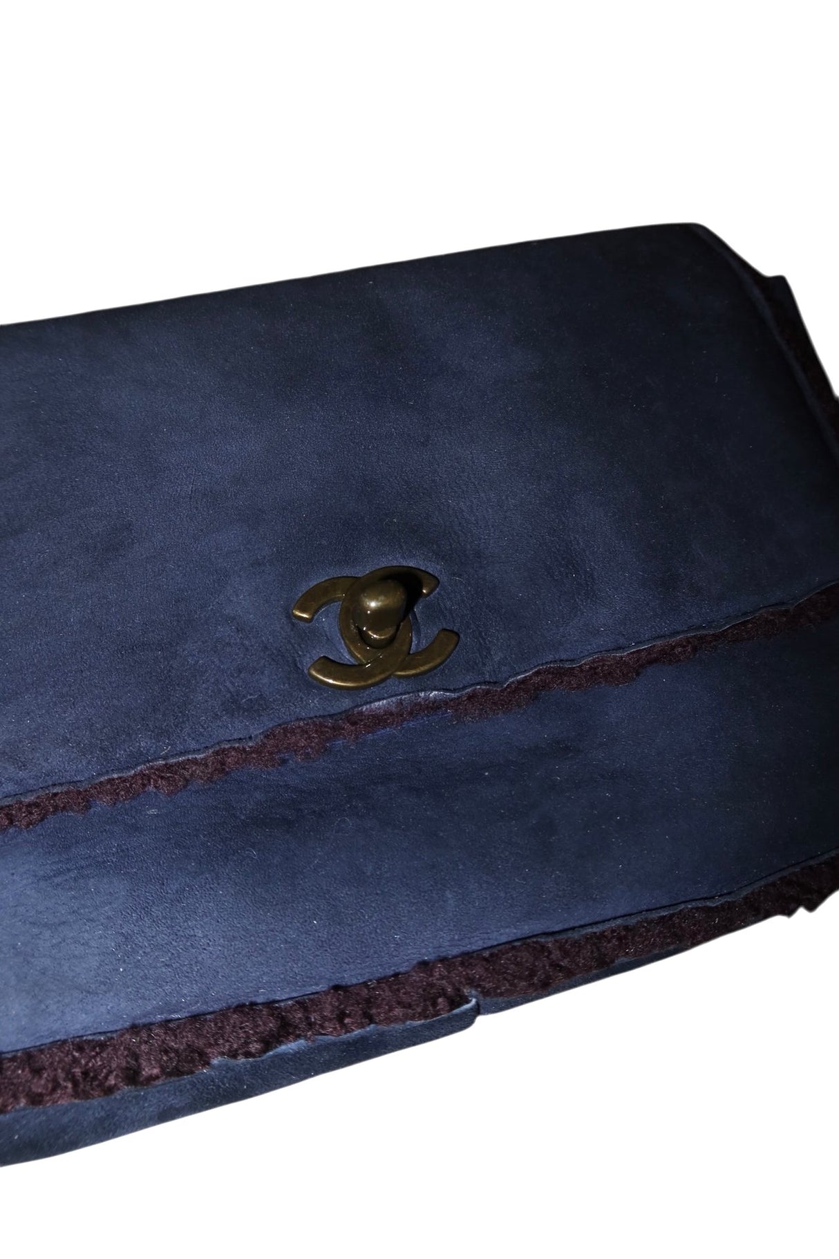 Chanel navy blue suede and shearling pouch