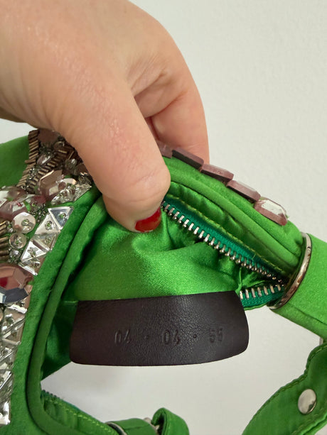 Rare Archival Chloé “Bracelet Bag” in Green Satin with hand stitched crystal beaded details