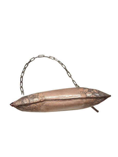 Gucci tan lizard skin clutch with silver chain strap